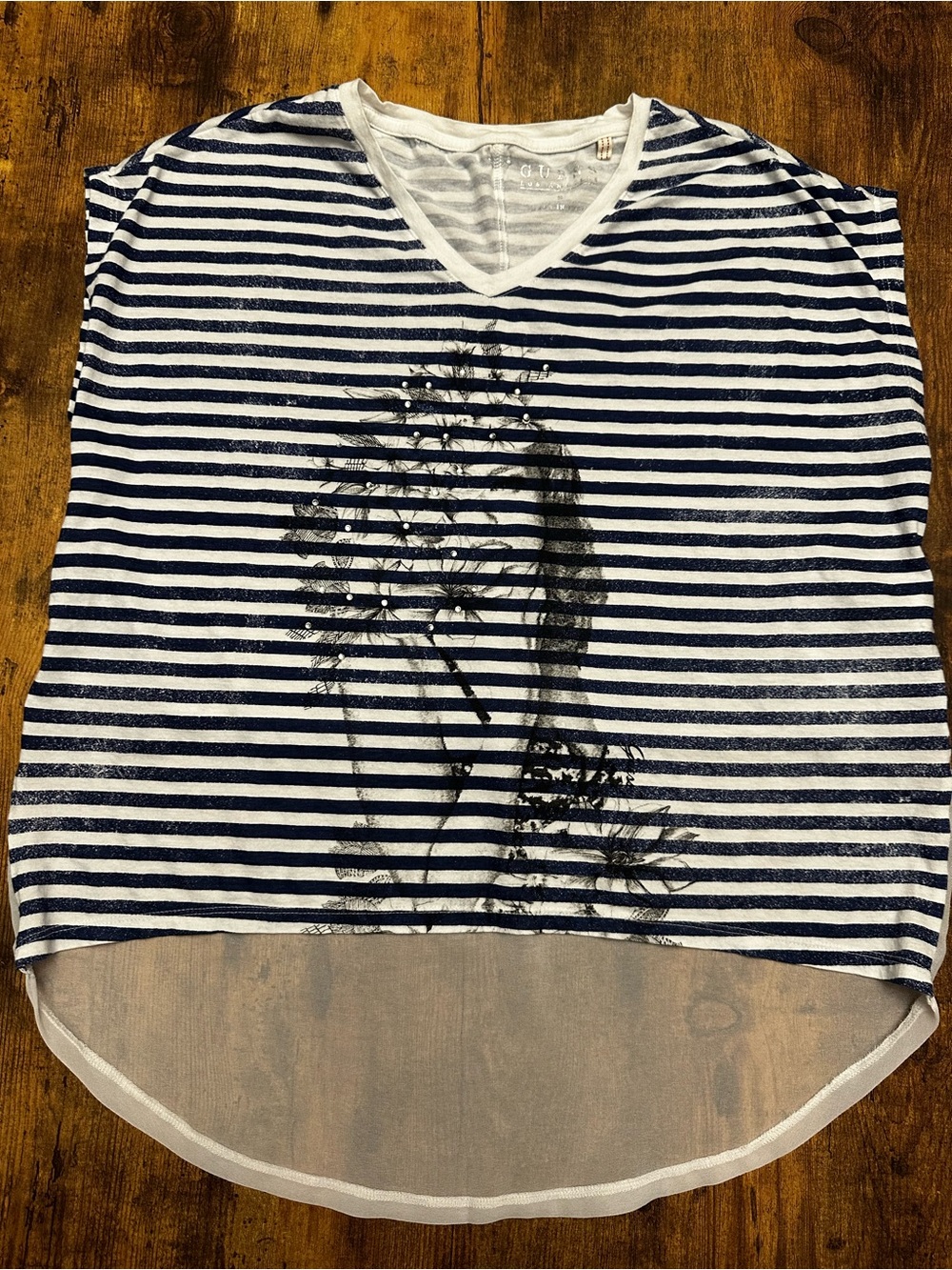 Guess Navy & White Striped V-Neck Tee with Dandelion Graphic #149